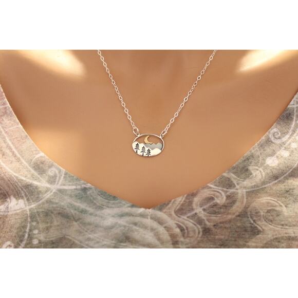 Silver Oval Mountain Pendant with Trees and Moon Necklace - Picture 4 of 6